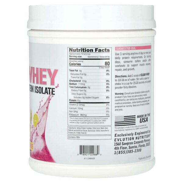 EVLution Nutrition - Clear Whey 100% Isolado de Proteína Whey Limonada Rosa 500 g
