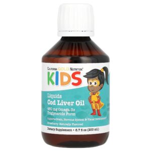California Gold Nutrition - Óleo de Fígado de Bacalhau Norueguês para Crianças Sabor Natural de Morango 200 ml