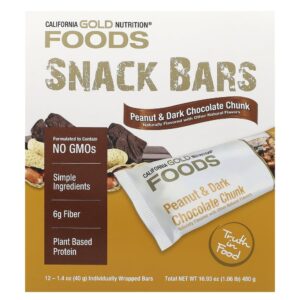 108-2.jpg California Gold Nutrition - Foods Barras com Pedaços de Amendoim e Chocolate Amargo com Amêndoas Torradas a Seco Fibra da Raiz de Chicória Ervilhas Crocantes e Mel 12 Barras 40 g Cada