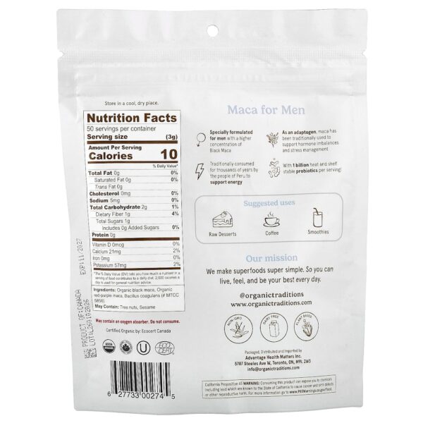 Organic Traditions - Maca-Peruana para Homens com Probióticos 150 g