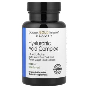 California Gold Nutrition - Complexo de Ácido Hialurônico com L-Prolina Extrato da Semente de Uva Francesa e Extrato da Casca de Pinheiro-Marítimo Francês 60 Cápsulas Vegetais