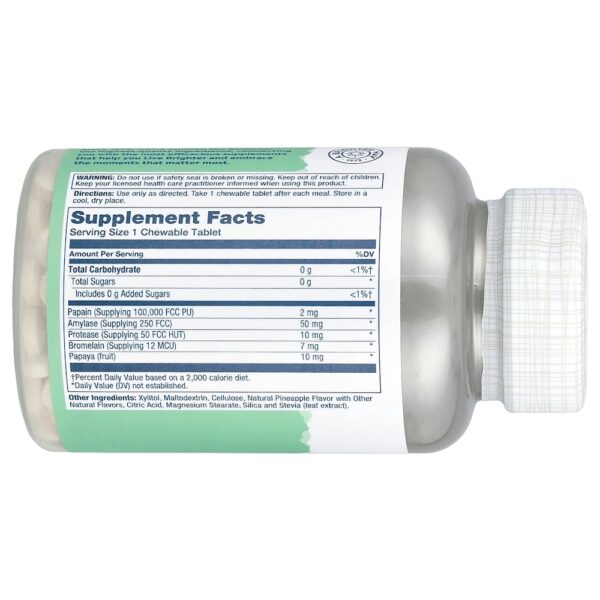Solaray - Enzimas de Mamão Abacaxi Natural 180 Cápsulas Mastigáveis