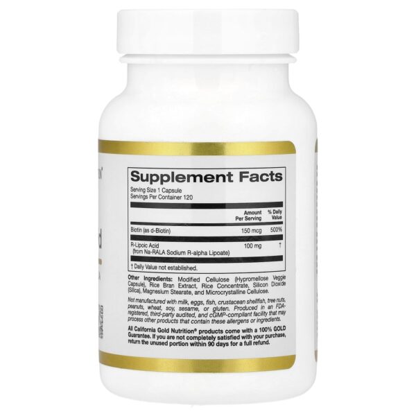 California Gold Nutrition - Ácido R-lipoico Estabilizado com Na-RALA Bio-Enhanced e Biotina 120 Cápsulas Vegetais