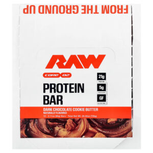Raw Nutrition - Barra de Proteína Manteiga de Cookie de Chocolate Amargo 12 Barras 60 g Cada