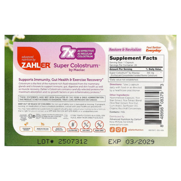 Zahler - Super Colostrum 20 Cápsulas (300 mg por Cápsula)