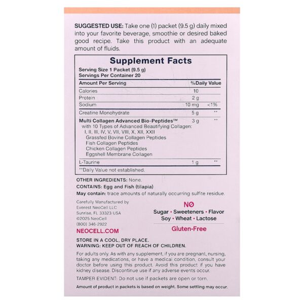 NeoCell - Advanced Solutions Creatine + Multi Collagen Unflavored 20 Stick Packs (9.5 g) cada