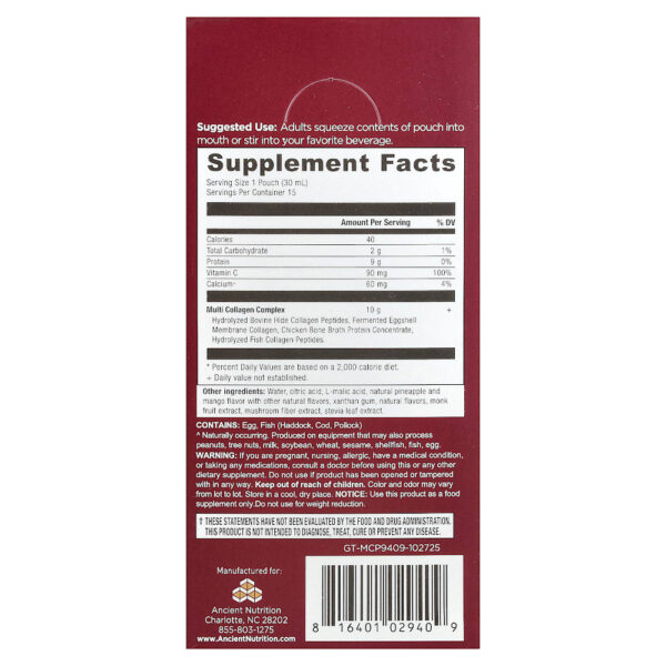 Ancient Nutrition - Proteína de Multicolágeno Tropical 15 Pacotes de Gel 30 ml Cada