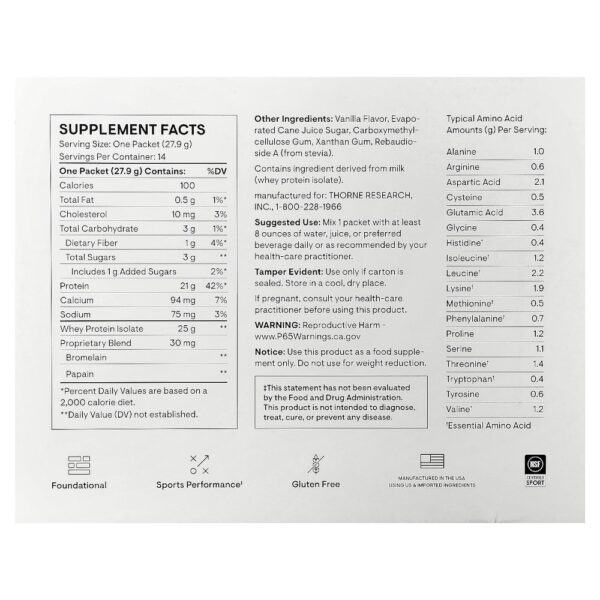 Thorne - Isolado de Proteína Whey Baunilha 14 Embalagens 28 g Cada