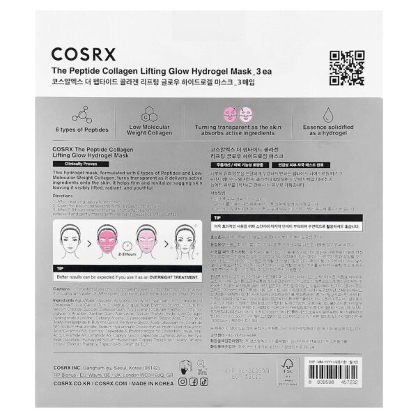 CosRx - Máscara de Beleza de Hidrogel de Lifting de Colágeno e Peptídeos 3 Máscaras 34 g Cada