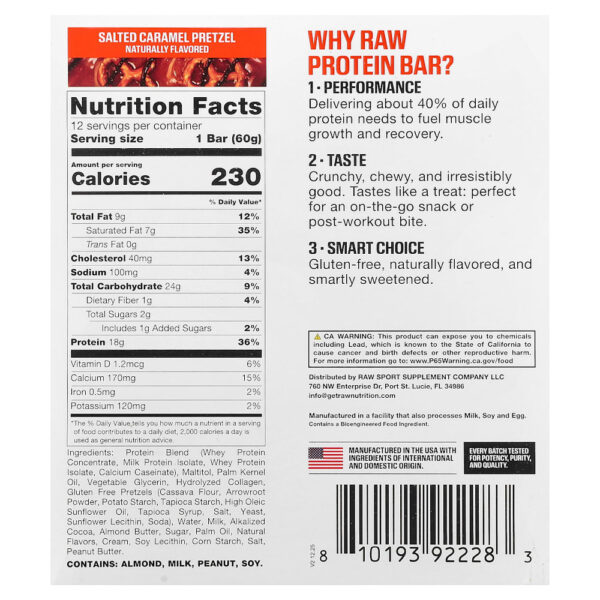 Raw Nutrition - Barra de Proteína Pretzel de Caramelo Salgado 12 Barras 60 g Cada