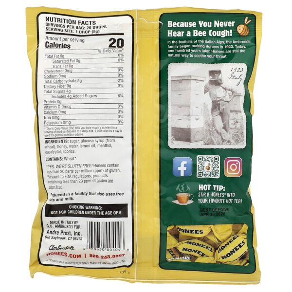 Honees - Gotas Calmantes para a Garganta com Mel Limão Mentol e Eucalipto 20 Unidades 100 g