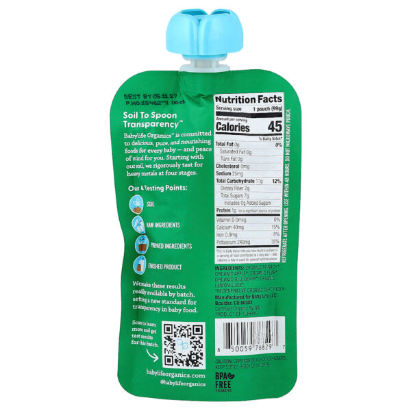 BabyLife Organics - Alimentos para Bebês Acima de 6 Meses Espinafre Maçã Pera e Mirtilo 6 Sachês 99 g Cada