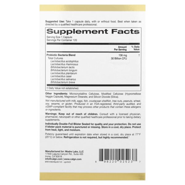 California Gold Nutrition - Probióticos LactoBif 30 30 Bilhões de UFCs 120 Cápsulas Vegetais