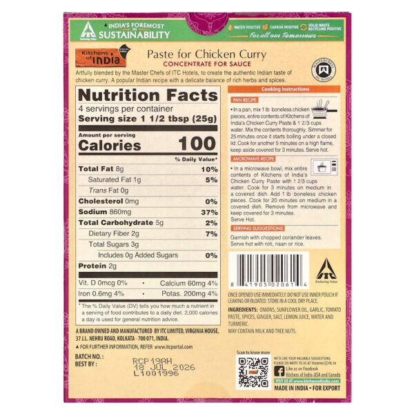 Kitchens of India - Pasta para Frango ao Curry Concentrado para Molho Médio 100 g