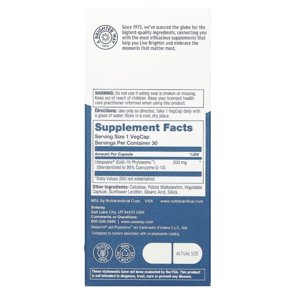 Solaray - Fitossomo COQ-10 200 mg 30 Cápsulas Vegetais