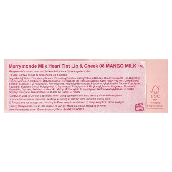 Merrymonde - Milk Heart Tint Lábios e Bochechas 06 Leite de Manga 5 g