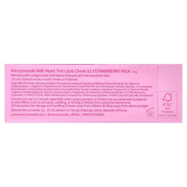 Merrymonde - Milk Heart Tint Lábios e Cheek 02 Leites de Morango 5 g