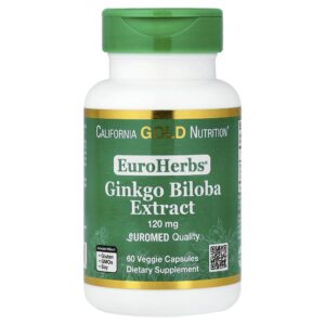California Gold Nutrition - EuroHerbs Extrato de Ginkgo biloba Qualidade Euromed 120 mg 60 Cápsulas Vegetais