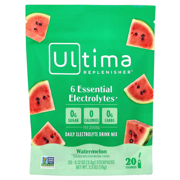 Ultima Replenisher - 6 Eletrólitos Essenciais Mistura para Bebida Diária de Eletrólitos Melancia 20 Pacotes 3,5 g Cada