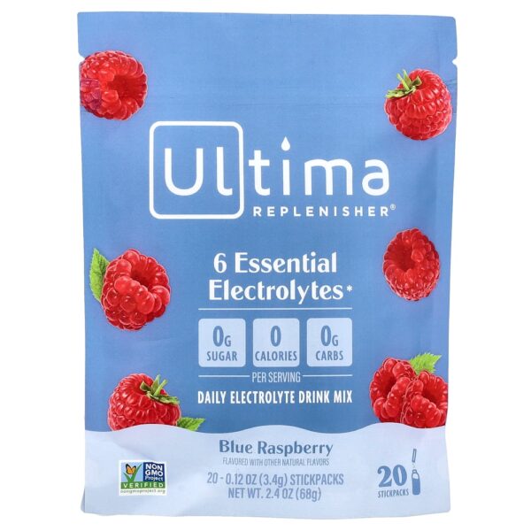Ultima Replenisher - 6 Eletrólitos Essenciais Mistura para Bebida Diária de Eletrólitos Framboesa Azul 20 Pacotes 3,4 g Cada