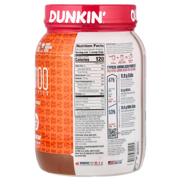 Dymatize - ISO100 Hidrolisado 100% de Isolado de Whey Protein Mocha Dunkin' Latte 660 g