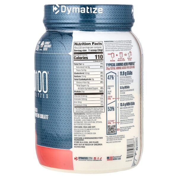 Dymatize - ISO100 Hidrolisado 100% de Isolado de Proteína Whey Morango 610 g