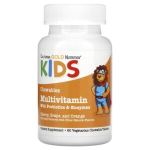 California Gold Nutrition - Multivitamínico Mastigável com Probióticos Enzimas e Vitaminas A e C para Crianças Sabor de Frutas Sortidas 60 Comprimidos Vegetarianos