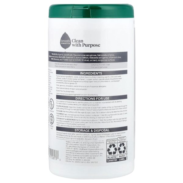 Seventh Generation - Lenços Desinfetantes Cítricos e Capim-Limão 70 Lenços Umedecidos 461 g (454 g 85 g)