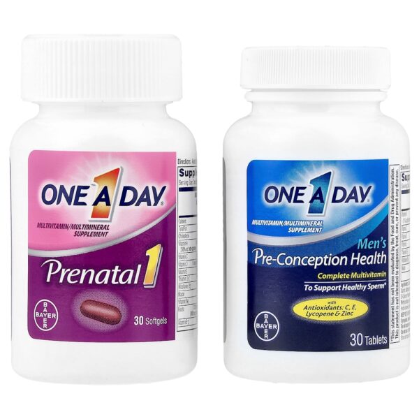 One-A-Day - Embalagem Pré-natal para Casais Pré-natal para Mulheres e Saúde para Homens 30 Cápsulas Softgel para Mulheres 30 Comprimidos para Homens.