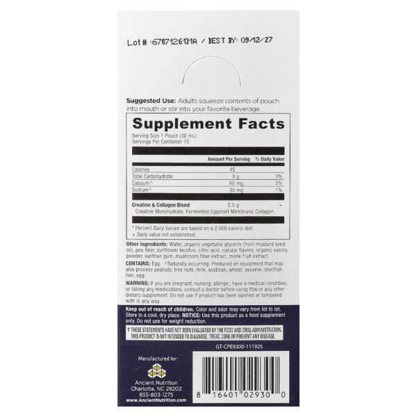 Ancient Nutrition - Creatina + Colágeno Limão 15 Pacotes de Gel 30 ml Cada