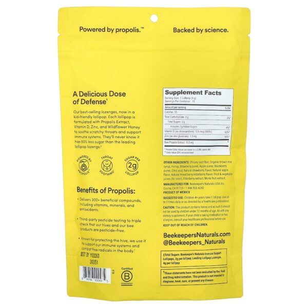 Beekeeper's Naturals - Pirulitos Calmantes de Própolis para Garganta para Crianças Maçã Verde Morango + Frutos Silvestres e Sabugueiro 15 Pirulitos