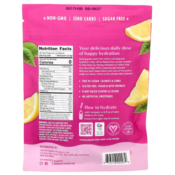 Ultima Replenisher - 6 Eletrólitos Essenciais Mistura para Bebida Diária de Eletrólitos Limonada Rosa 20 Pacotes 3,3 g Cada