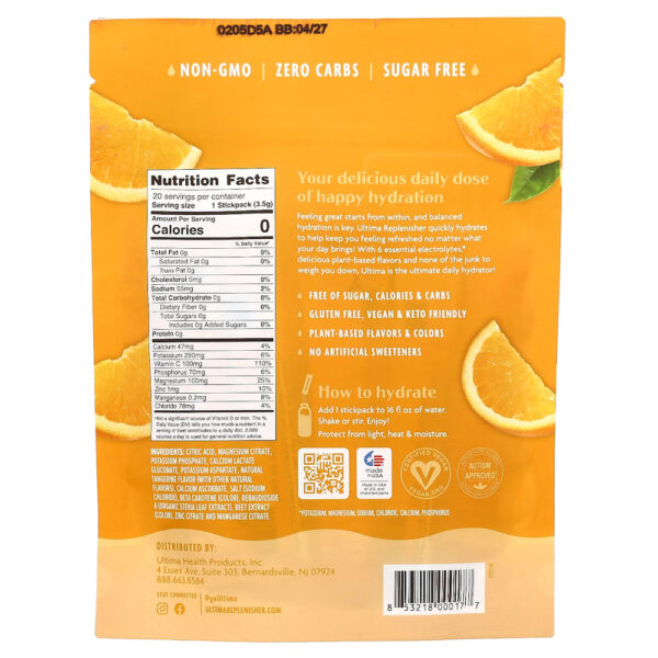4-8.jpg Ultima Replenisher - 6 Eletrólitos Essenciais Mistura para Bebida Diária de Eletrólitos Laranja 20 Pacotes 3,5 g Cada