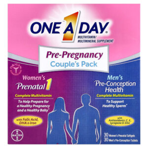 One-A-Day - Embalagem Pré-natal para Casais Pré-natal para Mulheres e Saúde para Homens 30 Cápsulas Softgel para Mulheres 30 Comprimidos para Homens.
