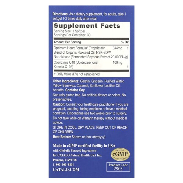 CATALO - Fórmula Extra de CoQ10 para o Coração com Nattoquinase e Óleo de Linhaça 30 Cápsulas Softgel