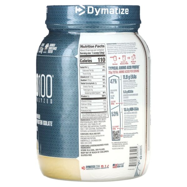 Dymatize - ISO100 Hidrolisado 100% de Isolado de Whey Protein Baunilha Gourmet 610 g