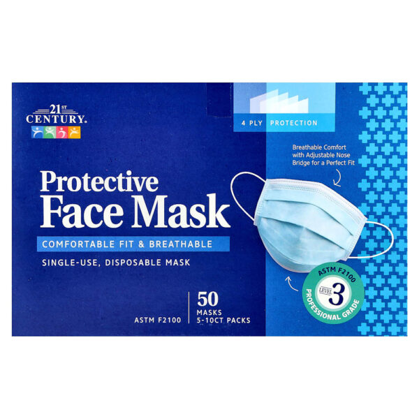 21st Century - Máscara Facial de Proteção ASTM F2100 Máscaras Descartáveis de Uso Único 50 Máscaras