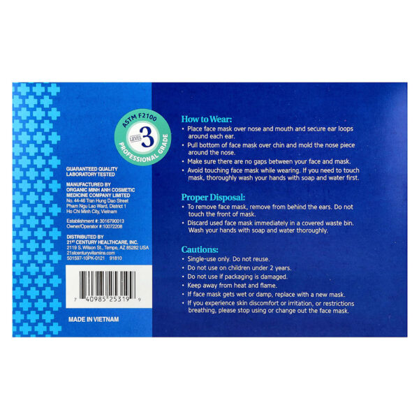 21st Century - Máscara Facial de Proteção ASTM F2100 Máscaras Descartáveis de Uso Único 50 Máscaras