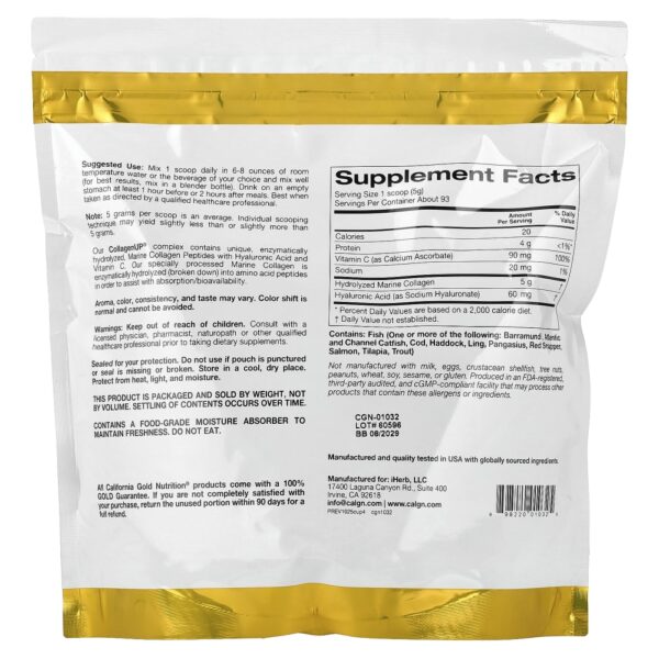California Gold Nutrition - CollagenUP Peptídeos de Colágeno Marinho Hidrolisado com Ácido Hialurônico e Vitamina C Sem Sabor 464 g