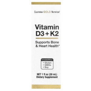 California Gold Nutrition - Vitamina D3 + K2 como MK4 25 mcg (1000 UI) 30 ml