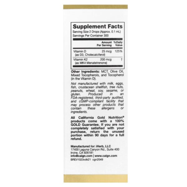 65-6.jpg California Gold Nutrition - Vitamina D3 + K2 como MK4 25 mcg (1000 UI) 30 ml