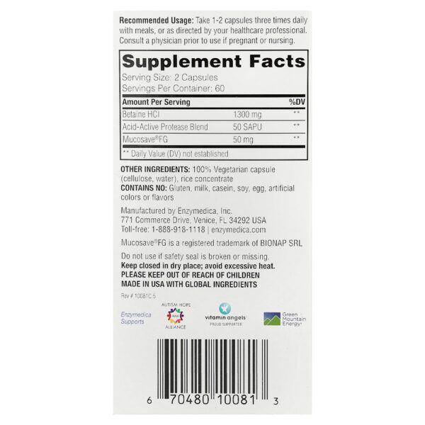 Enzymedica - Cloridrato de Betaína de Ação Rápida 120 Cápsulas