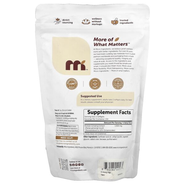 Micro Ingredients - Extrato de Panax ginseng 300 Cápsulas Softgel (750 mg por Cápsula Softgel)