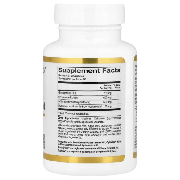 California Gold Nutrition - Glicosamina Condroitina MSM mais Ácido Hialurônico 60 Cápsulas Vegetais