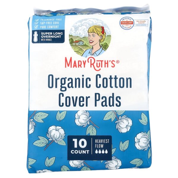 MaryRuth's - Organic Cotton Cover Pads Super Long Overnight with Wings Heaviest Flow 10 Count