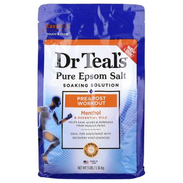 Dr. Teal's - Solução de Absorção Pura de Sal de Epsom Pré e Pós-Treino Mentol e Óleos Essenciais 1,36 kg (1,36 kg)