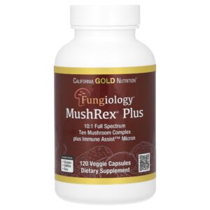 California Gold Nutrition - Fungiology MushRex Plus Complexo de Dez Cogumelos de Espectro Completo com Agaricus Chaga Cordyceps e Juba-de-Leão 120 Plantcaps