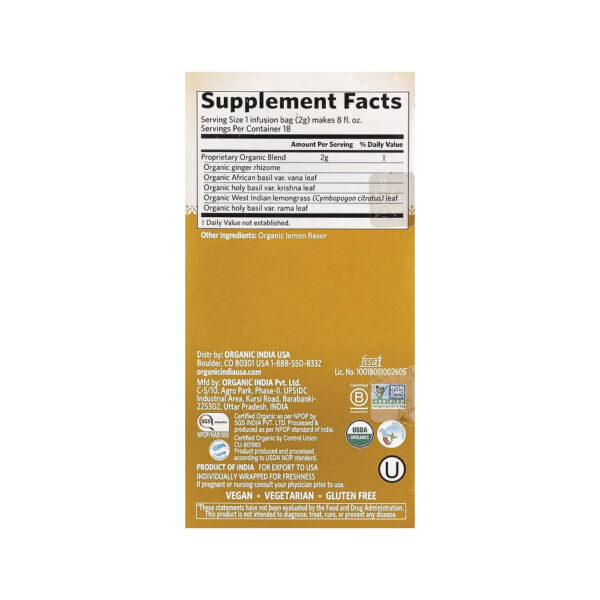 Chá Tulsi Lemon Ginger Sem Cafeína 18 Saquinhos - Organic India