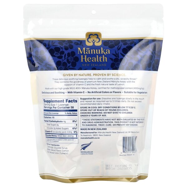 Manuka Health - Pastilhas de Mel de Manuka Limão Natural MGO 400+ 58 Pastilhas