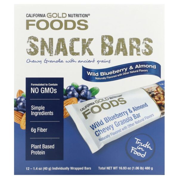 California Gold Nutrition - Foods Barras de Granola de Mirtilo Silvestre e Amêndoa 12 Barras 40 g Cada